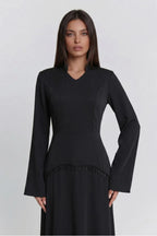 Nur V Neck Beaded Two Piece Abaya-Black