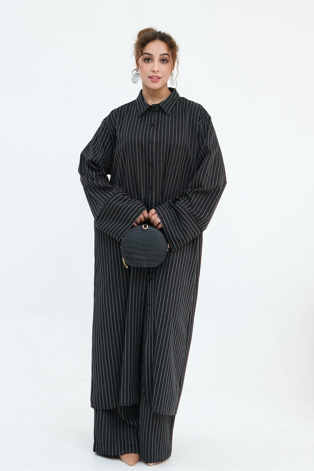 Muna Striped Shirt Long Two Piece Set-Black