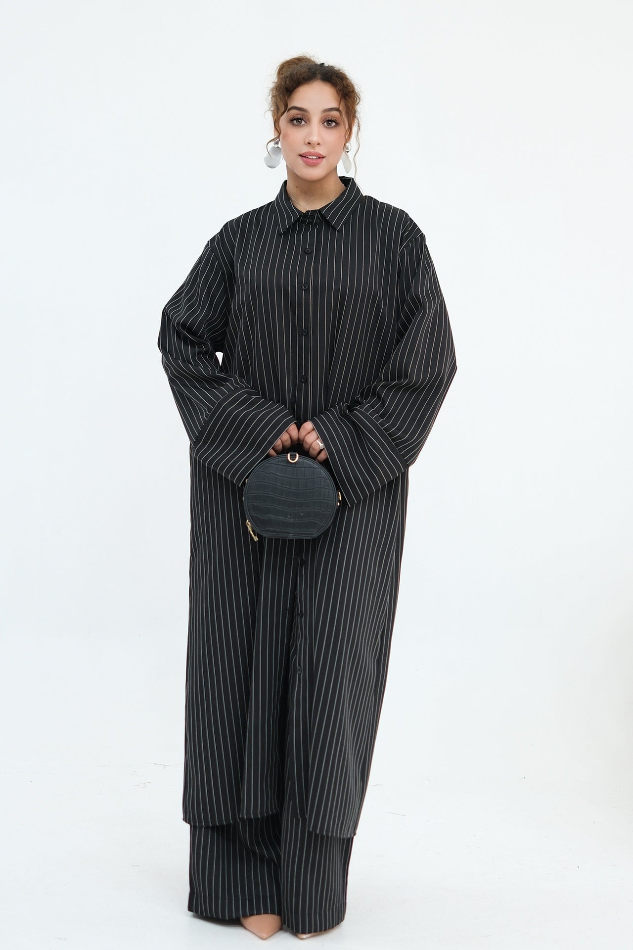 Muna Striped Shirt Long Two Piece Set-Black