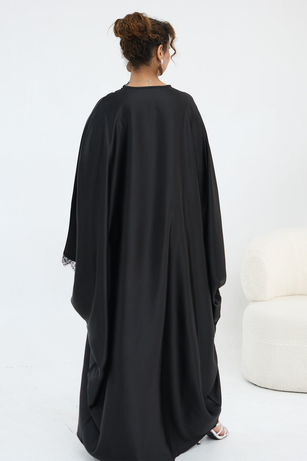Sara Lace Trim Batwing Satin Abaya-Black