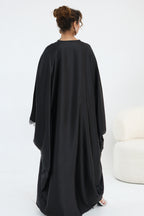Sara Lace Trim Batwing Satin Abaya-Black