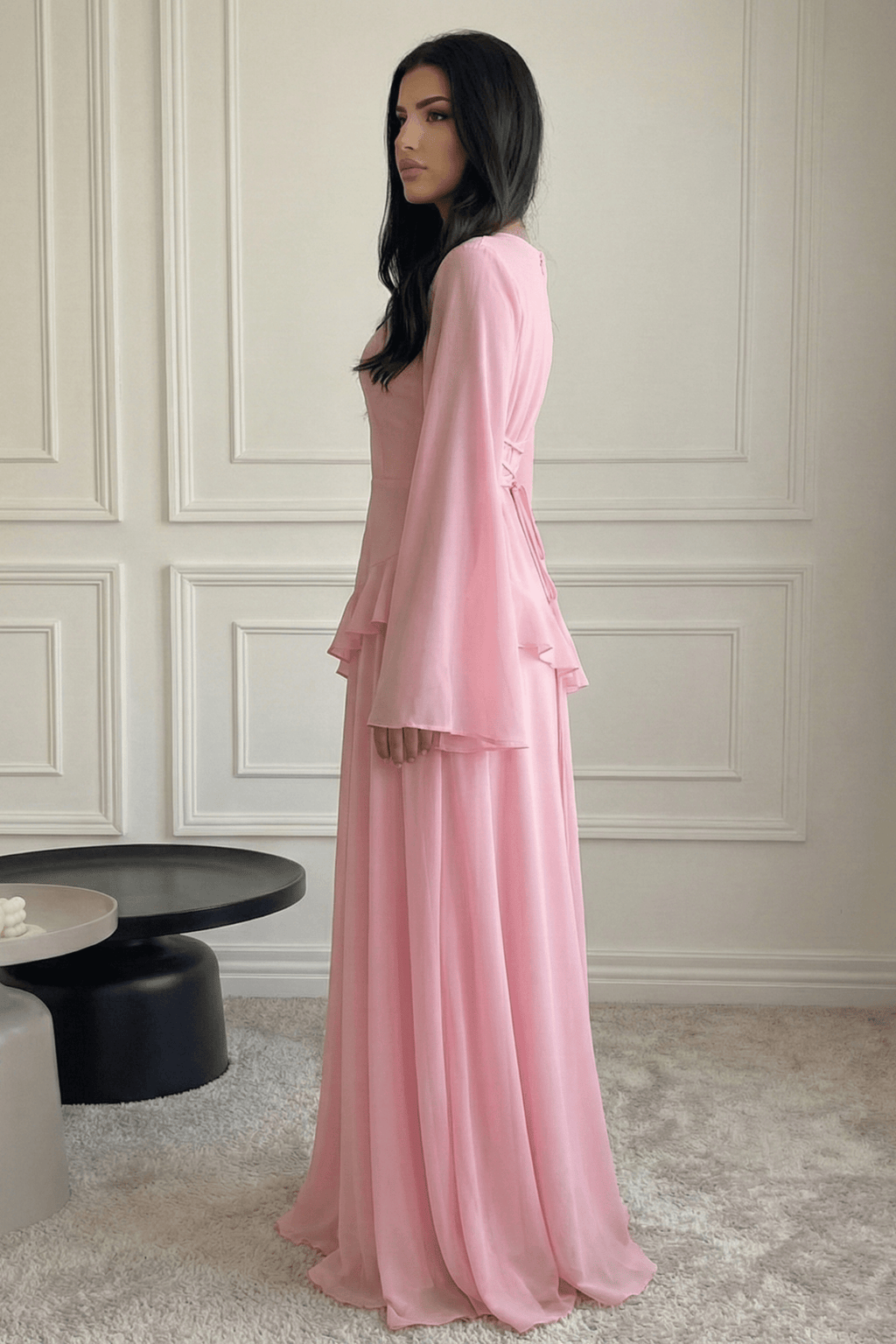 Elegant Luxury Lightweight Long Sleeve Maxi Dress-Pink