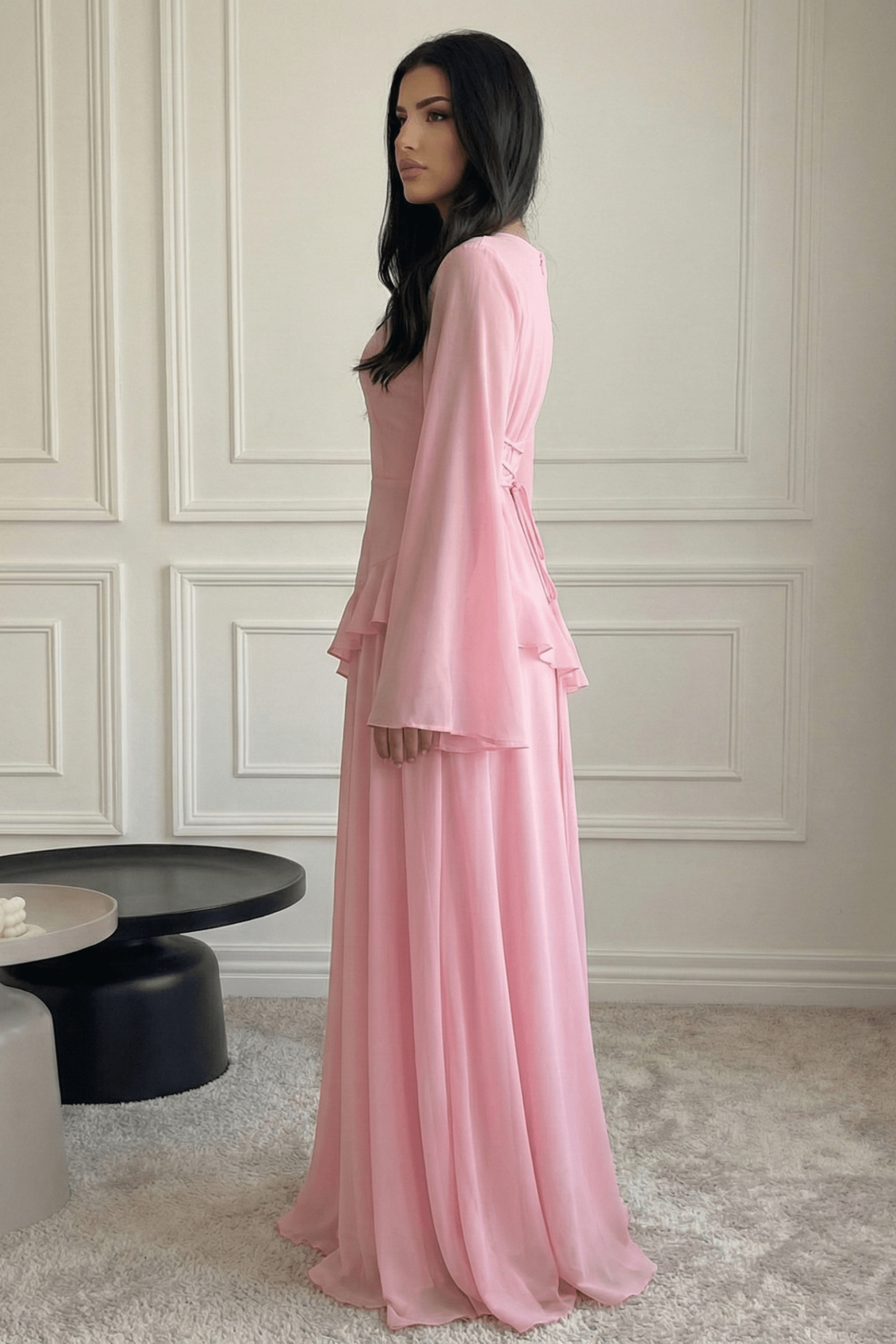 Elegant Luxury Lightweight Long Sleeve Maxi Dress-Pink