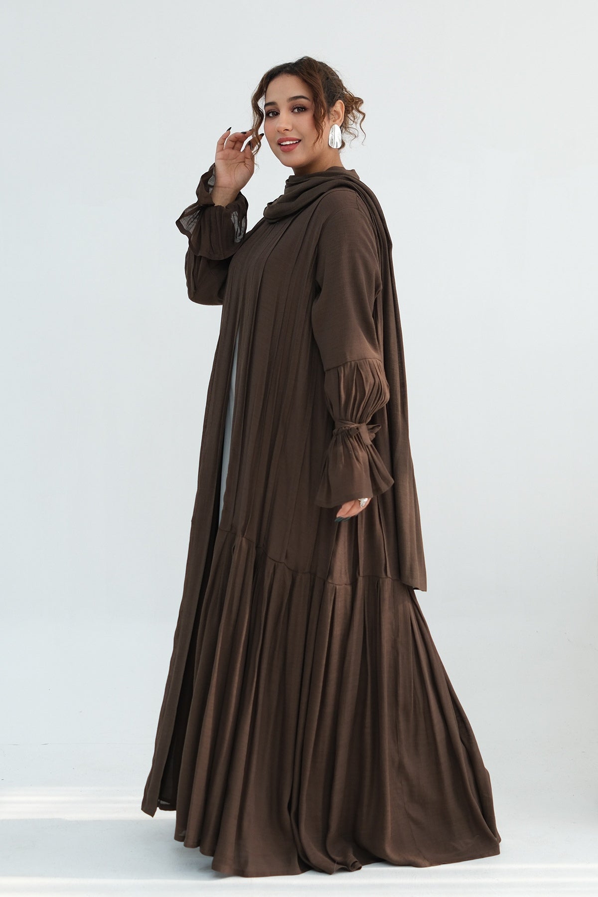 Rahma Tiered Flare Cuff Open Abaya-Coffee