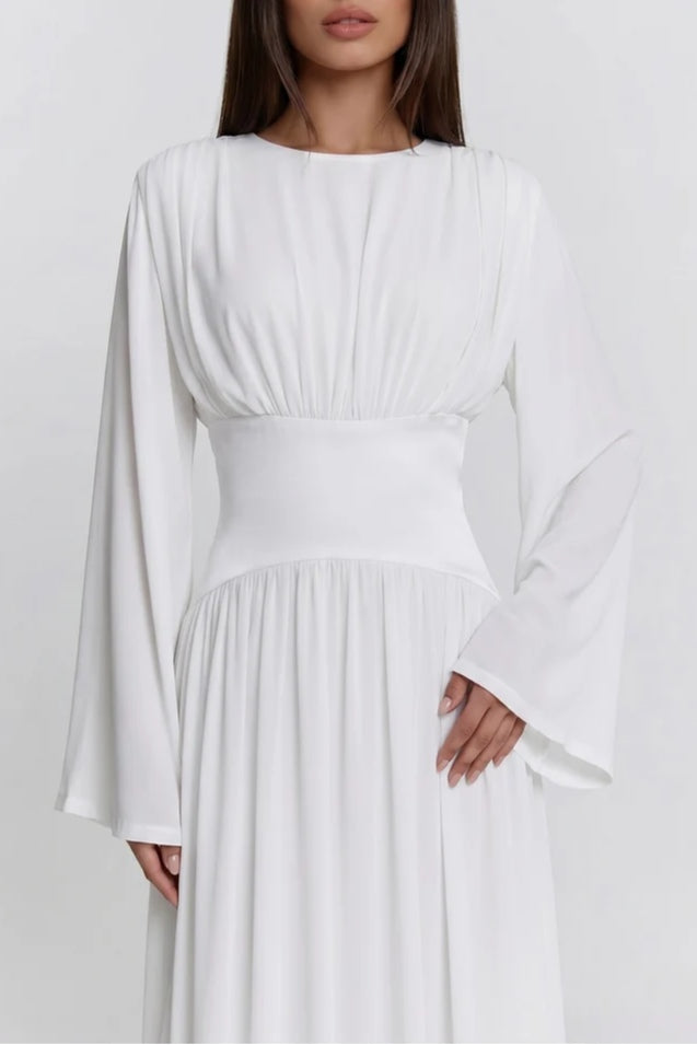Iris Gathered Waist Flare Sleeve Maxi Dress-White