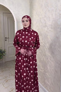 Rima Floral Print Tie Waist Abaya Hijab Set-Red