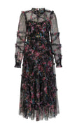 Candice Floral Ruffled Tulle Midi Dress-Black