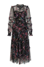 Candice Floral Ruffled Tulle Midi Dress-Black