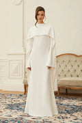 Pearl-Trimmed Cape Modest Evening Gown-White