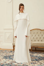 Pearl-Trimmed Cape Modest Evening Gown-White