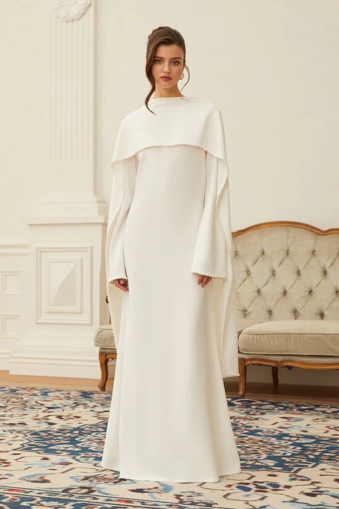 Pearl-Trimmed Cape Modest Evening Gown-White