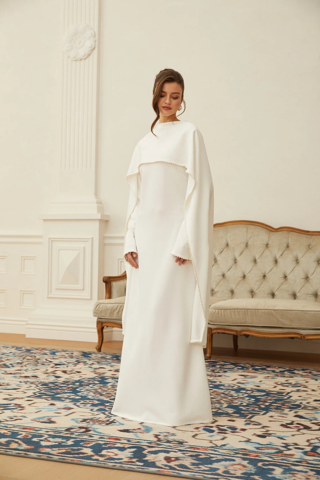 Pearl-Trimmed Cape Modest Evening Gown-White