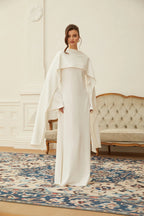 Pearl-Trimmed Cape Modest Evening Gown-White