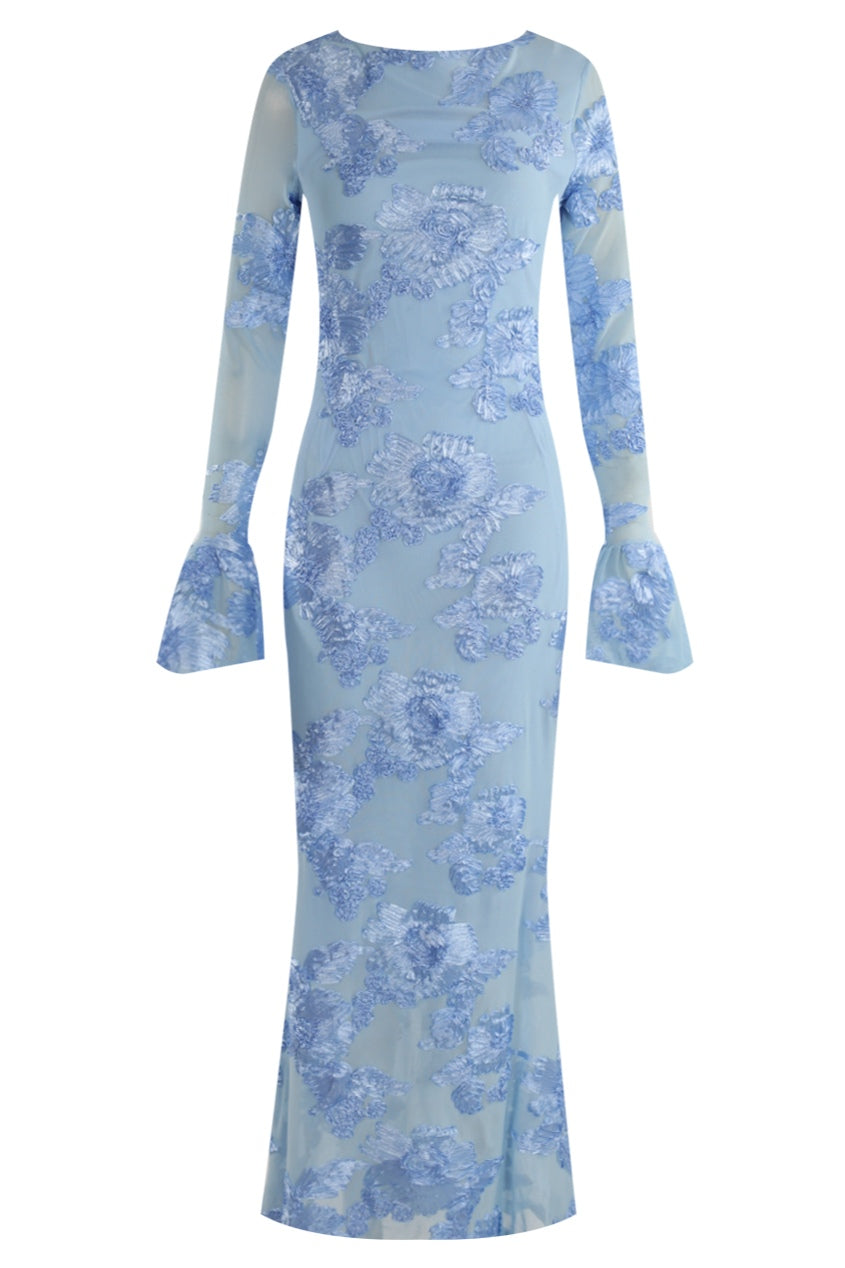 Elara Floral Applique Flare Sleeve Midi Dress-Blue