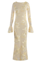 Elara Floral Applique Flare Sleeve Midi Dress-Yellow