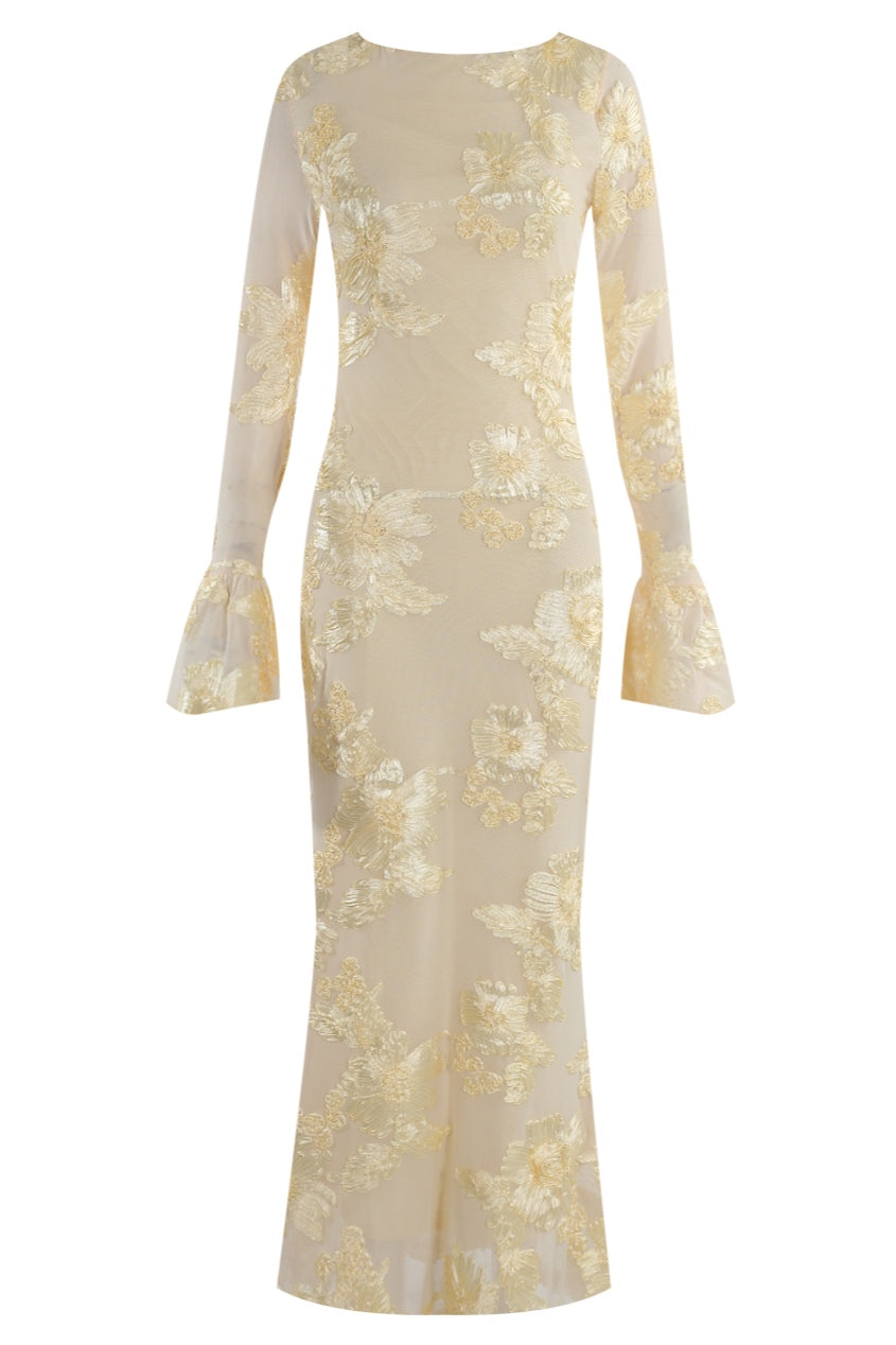 Elara Floral Applique Flare Sleeve Midi Dress-Yellow