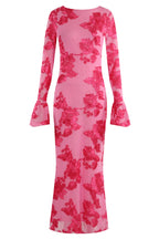 Elara Floral Applique Flare Sleeve Midi Dress-Pink