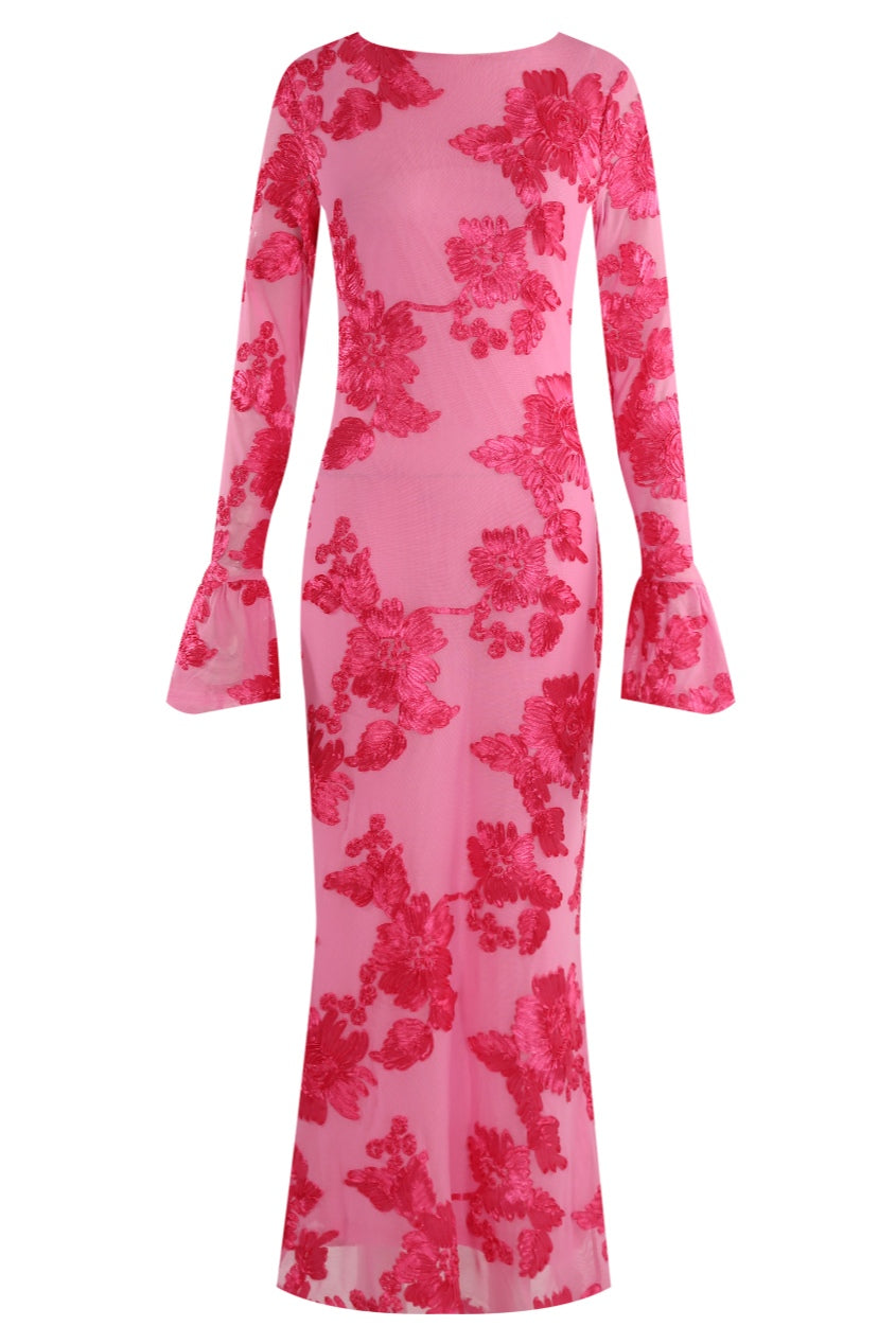 Elara Floral Applique Flare Sleeve Midi Dress-Pink