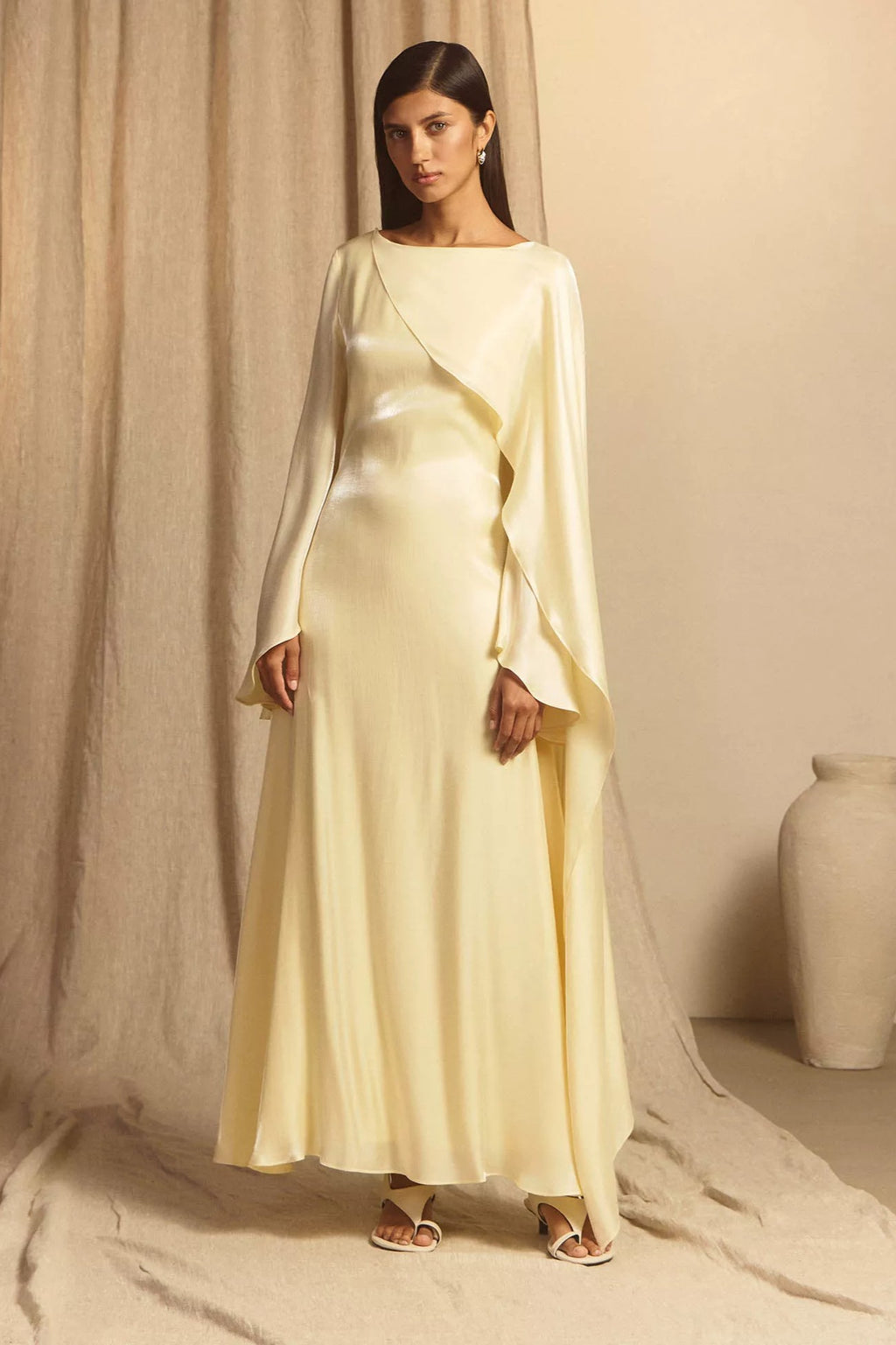 Elegant Cape-Sleeve Modest Maxi Dress-Yellow