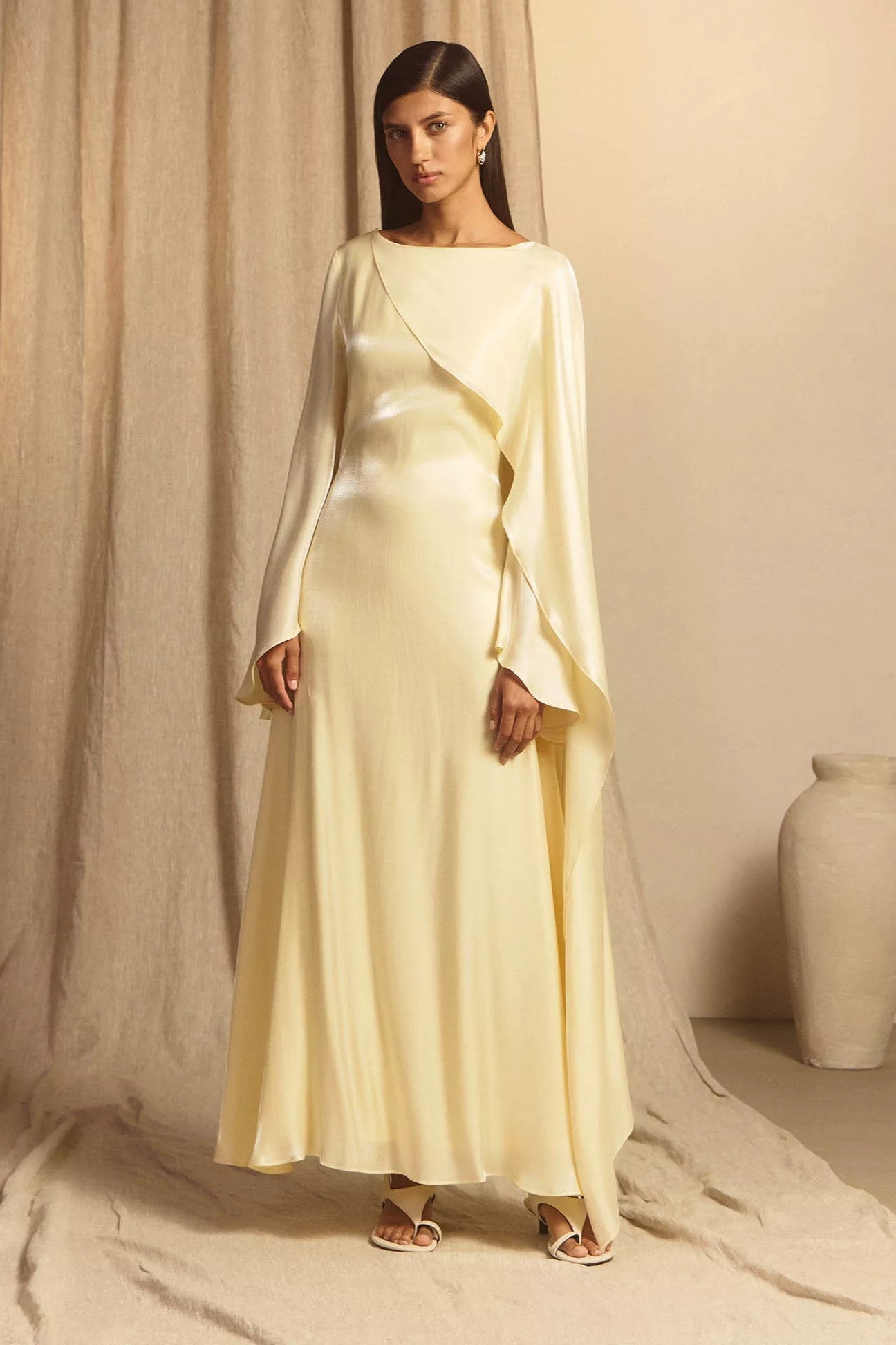 Elegant Cape-Sleeve Modest Maxi Dress-Yellow
