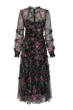 Candice Floral Ruffled Tulle Midi Dress-Black