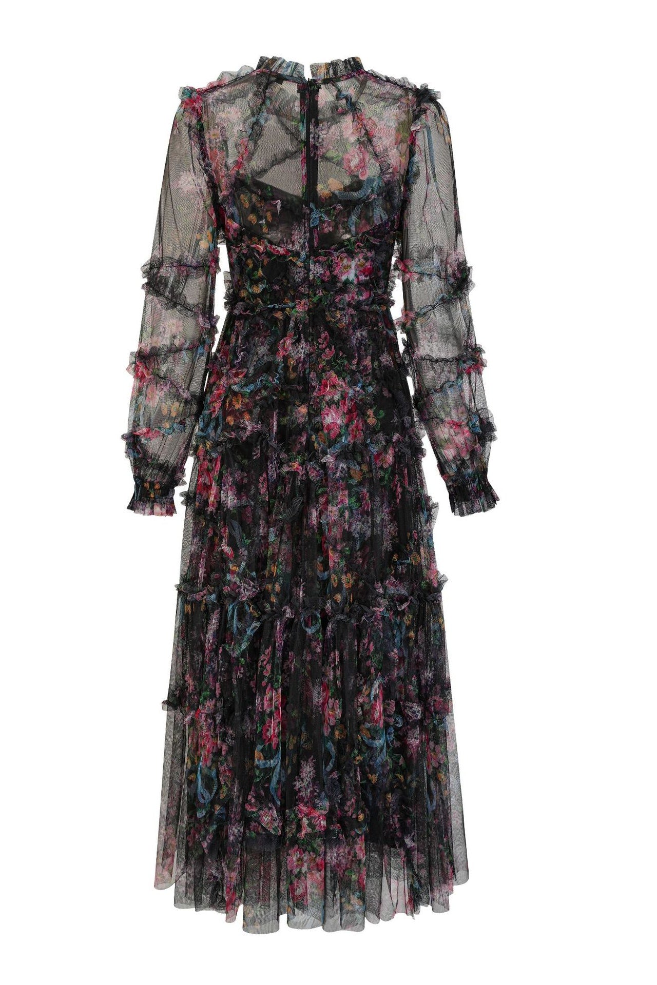 Candice Floral Ruffled Tulle Midi Dress-Black