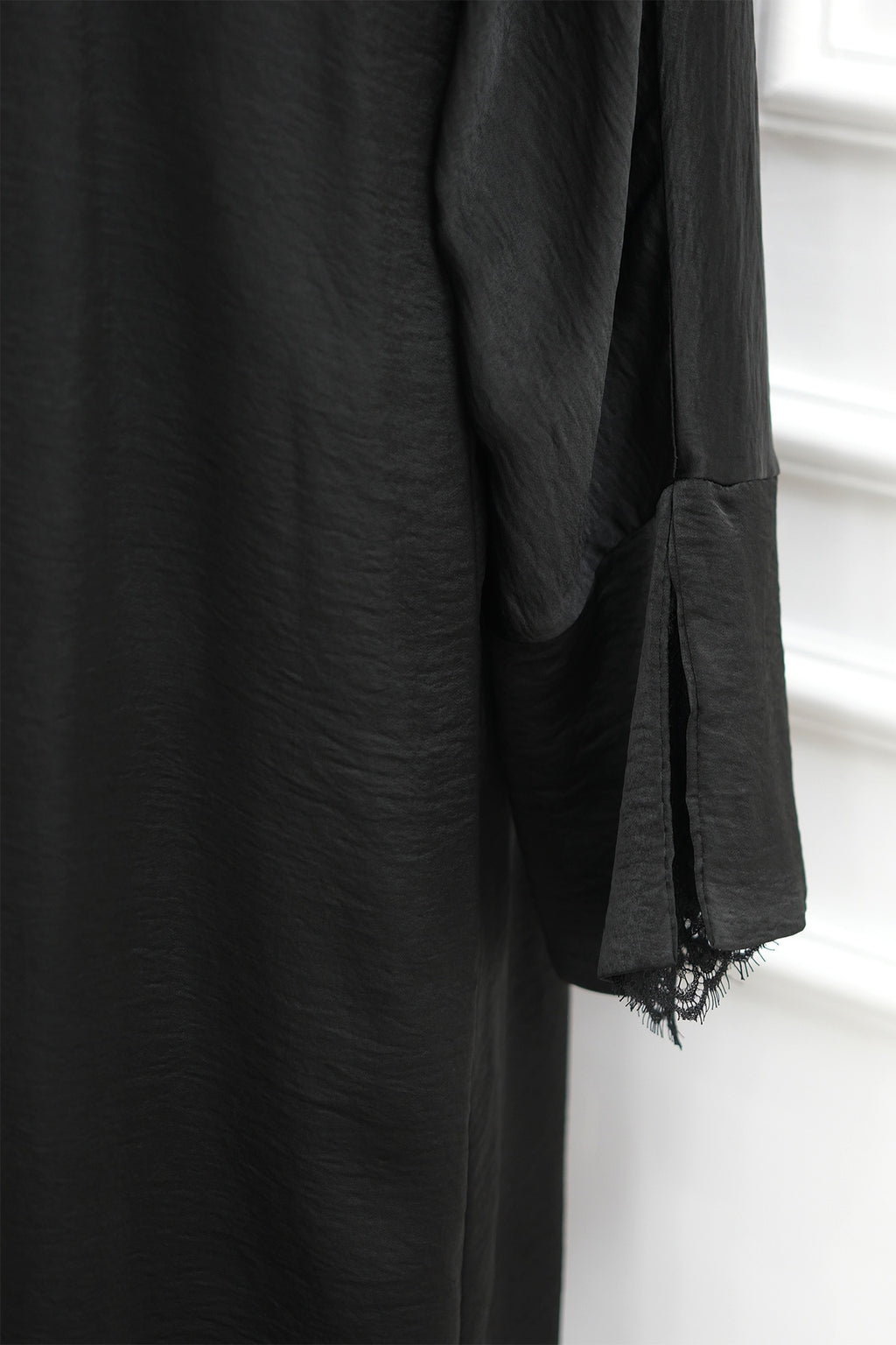 Basma Lace Cuff Stand Collar Long Abaya-Black