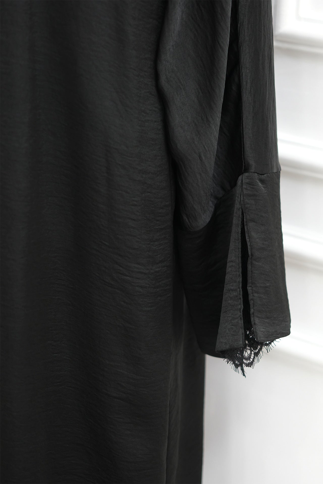 Basma Lace Cuff Stand Collar Long Abaya-Black