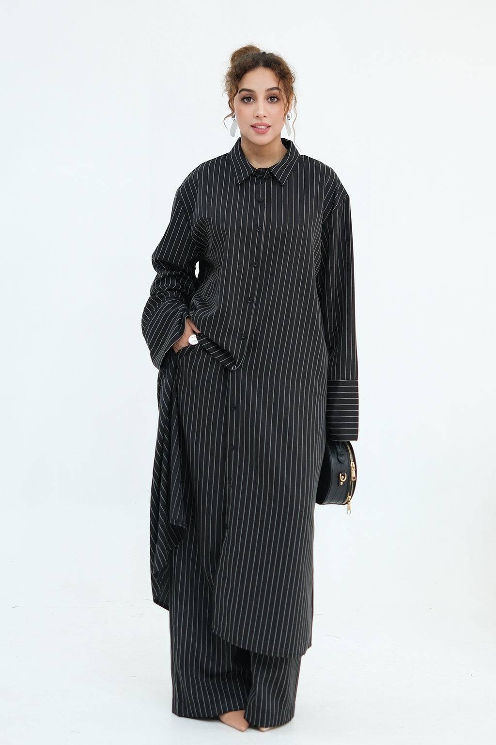 Muna Striped Shirt Long Two Piece Set-Black
