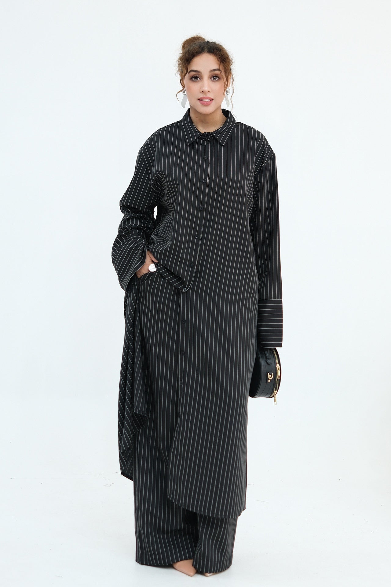 Muna Striped Shirt Long Two Piece Set-Black
