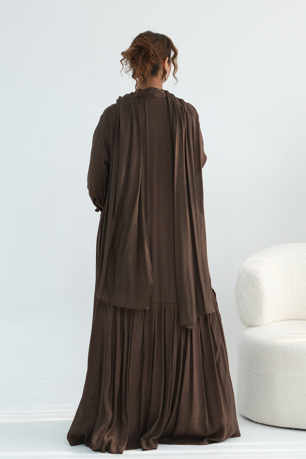 Rahma Tiered Flare Cuff Open Abaya-Coffee