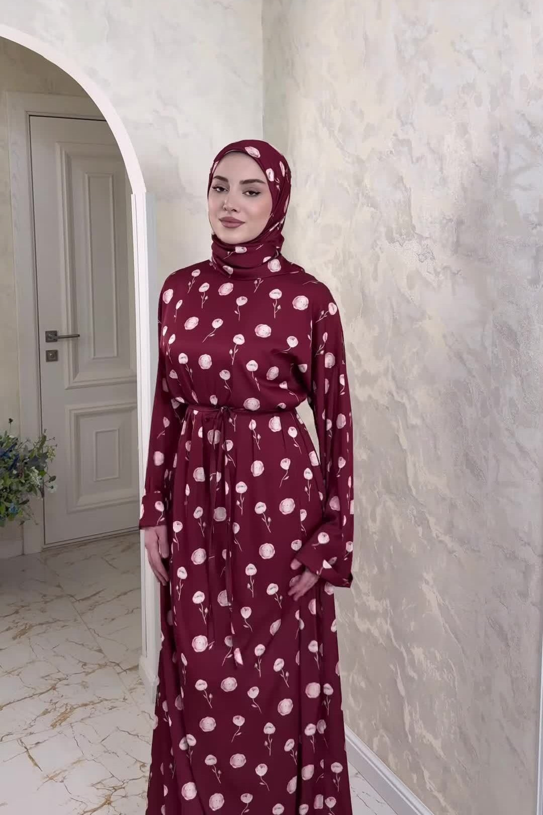 Rima Floral Print Tie Waist Abaya Hijab Set-Red
