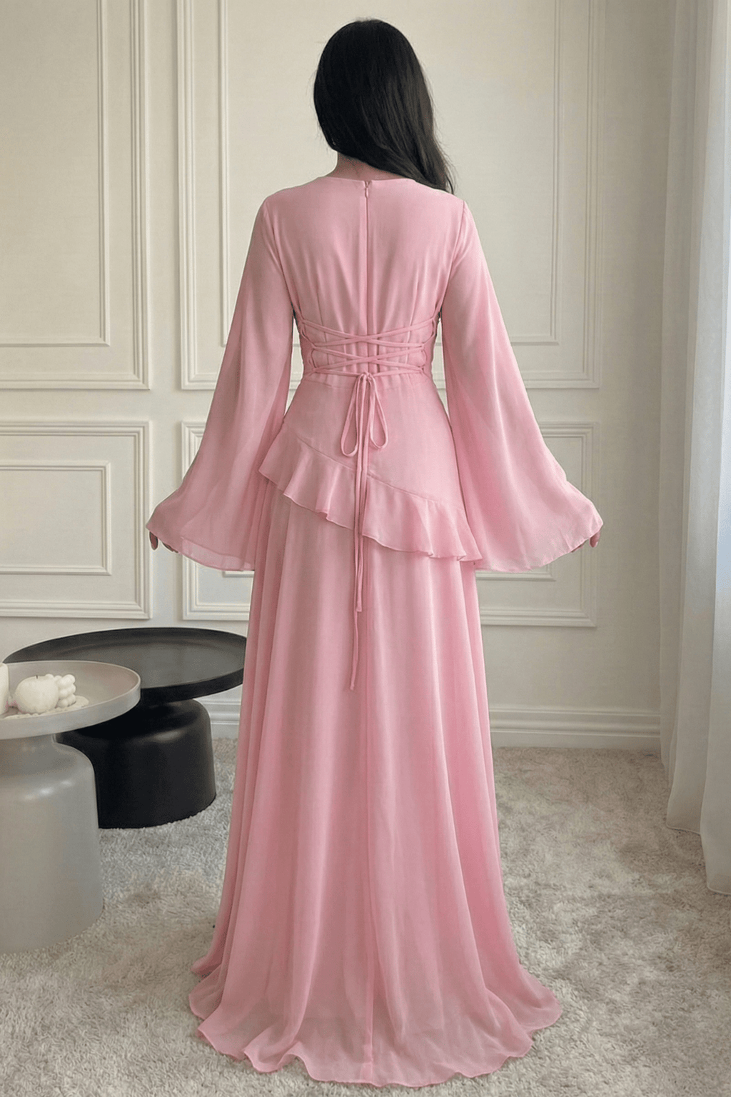 Elegant Luxury Lightweight Long Sleeve Maxi Dress-Pink