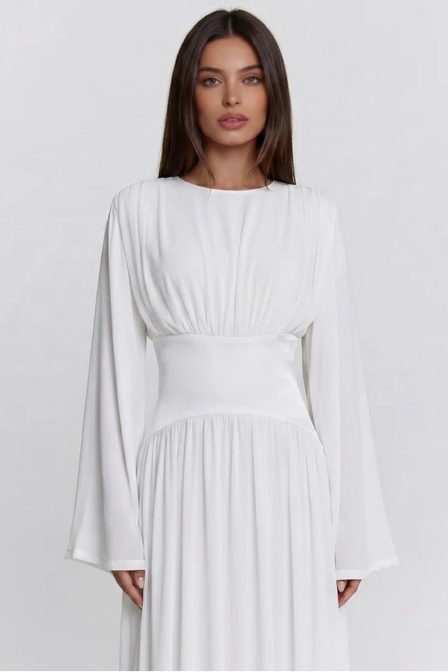 Iris Gathered Waist Flare Sleeve Maxi Dress-White