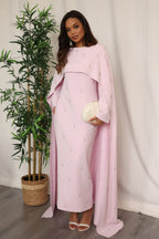 Embellished Cape-Sleeve Modest Two-Piece Gown-Pink