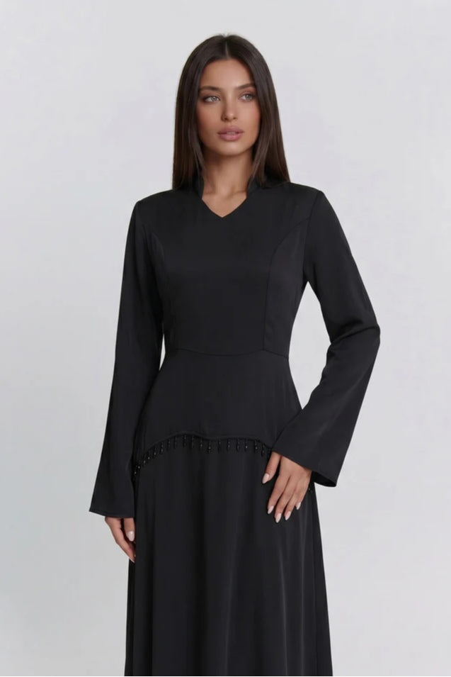 Nur V Neck Beaded Two Piece Abaya-Black