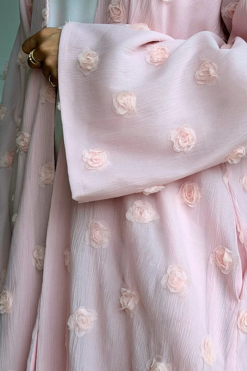 3D Floral Applique Open Abaya & Matching Hijab Two-Piece Set-Pink