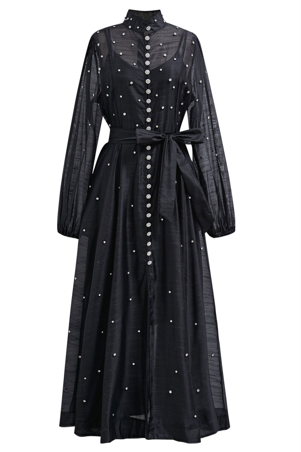 Rhinestone Sheer Tie Midi Dress-Black