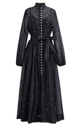 Rhinestone Sheer Tie Midi Dress-Black