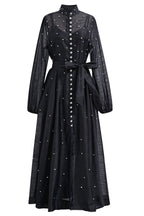Rhinestone Sheer Tie Midi Dress-Black