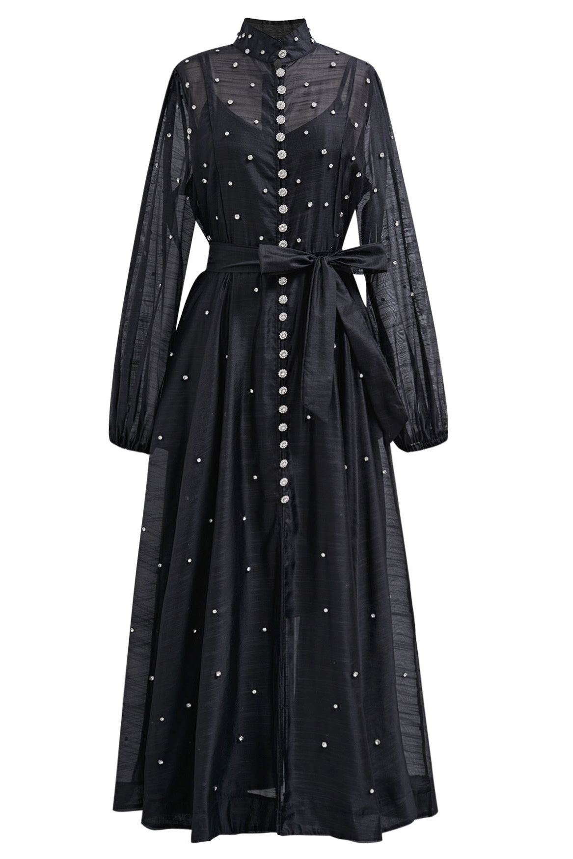 Rhinestone Sheer Tie Midi Dress-Black