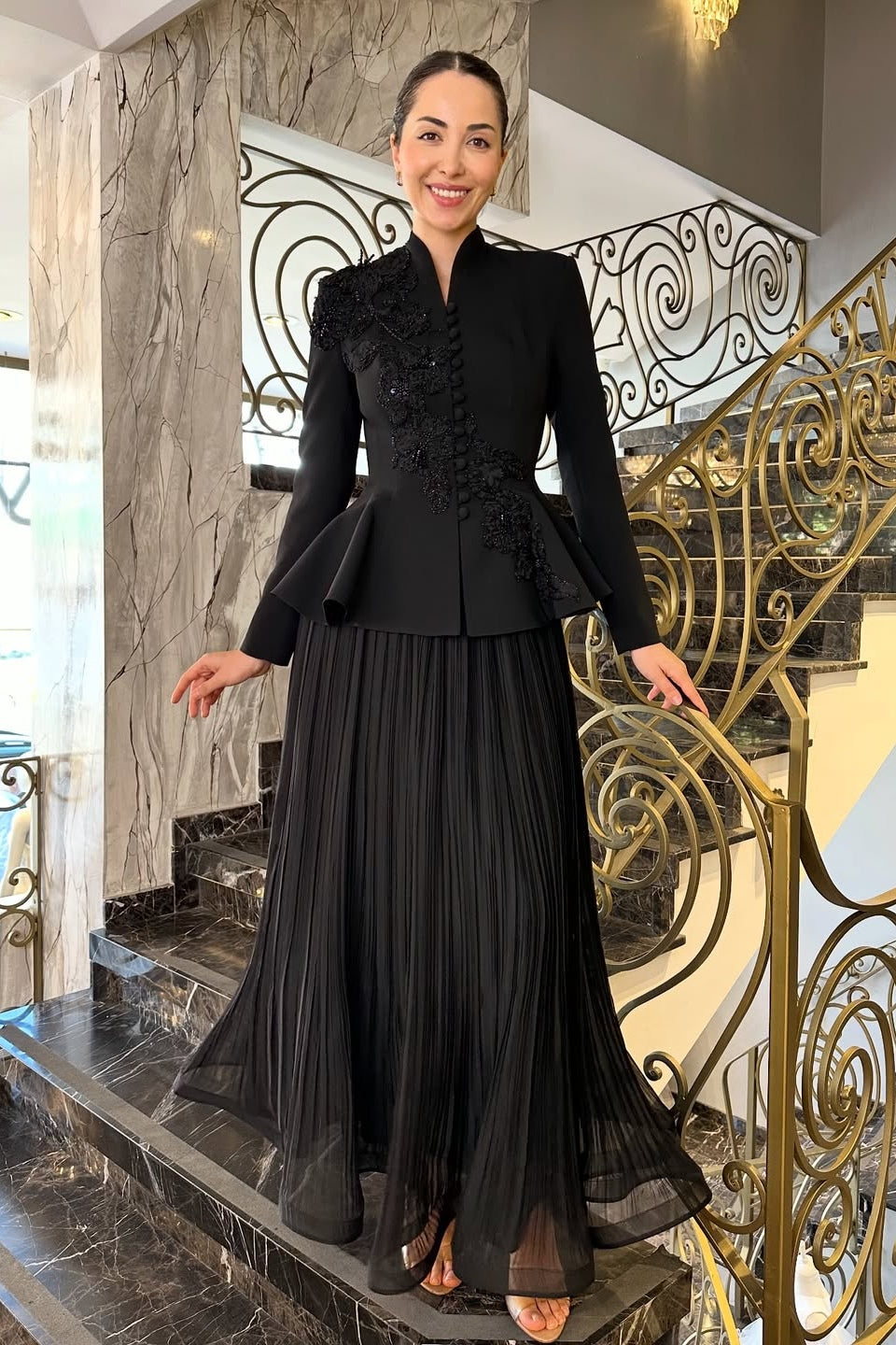 Embellished Peplum Jacket & Pleated Skirt Two-Piece Set-Black