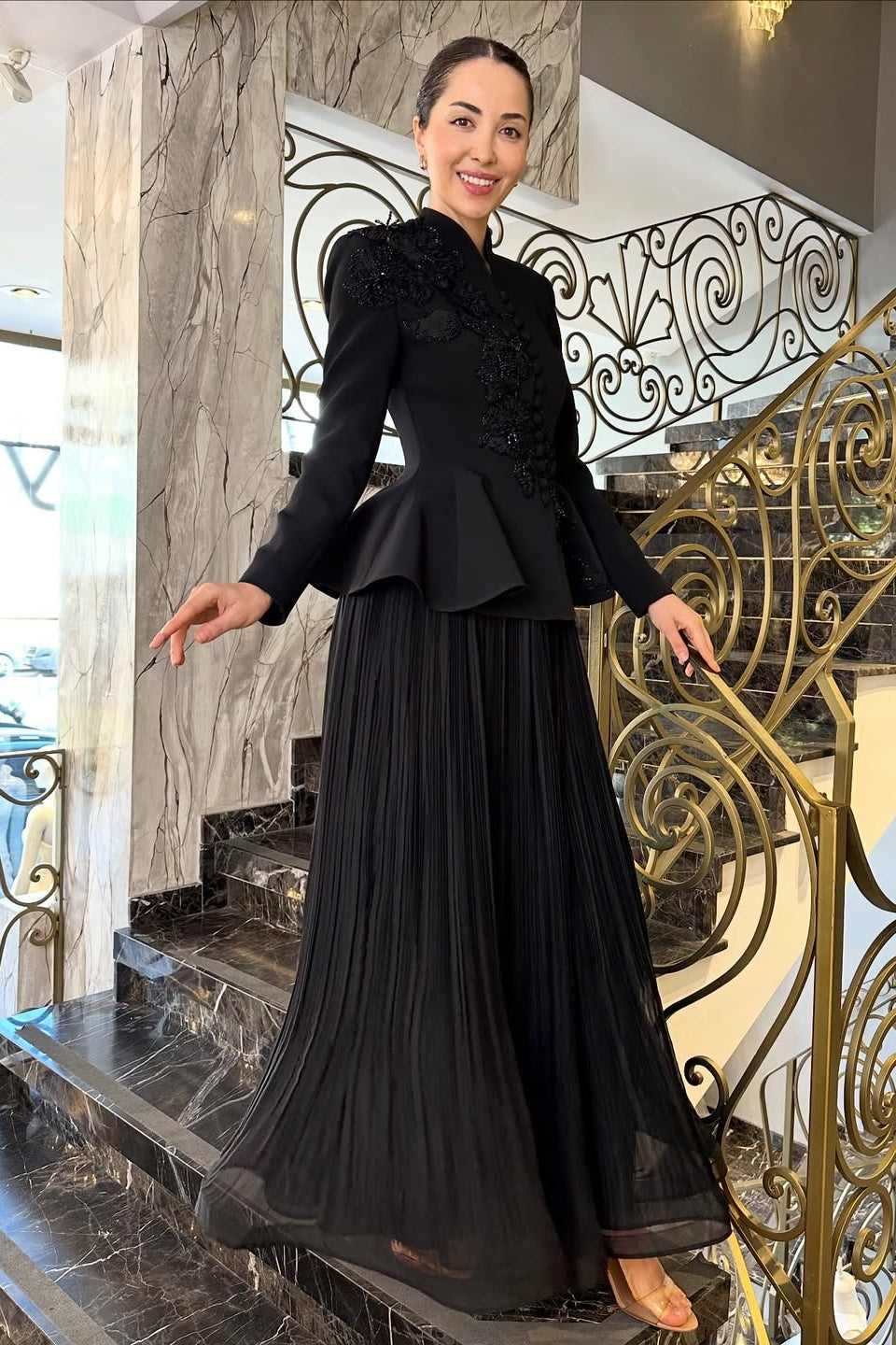Embellished Peplum Jacket & Pleated Skirt Two-Piece Set-Black
