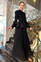 Embellished Peplum Jacket & Pleated Skirt Two-Piece Set-Black