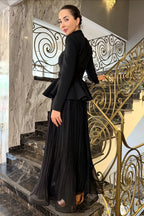Embellished Peplum Jacket & Pleated Skirt Two-Piece Set-Black