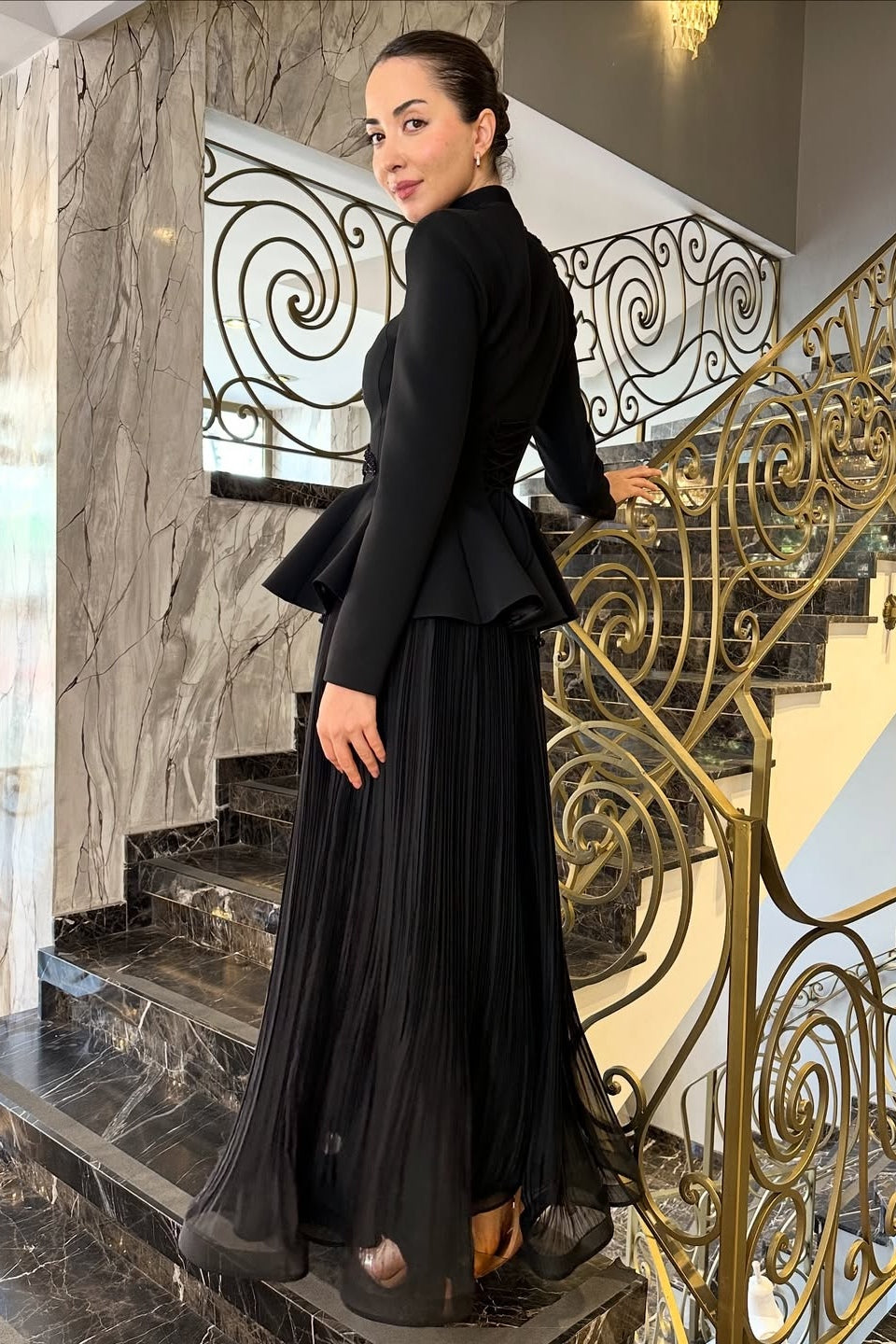 Embellished Peplum Jacket & Pleated Skirt Two-Piece Set-Black