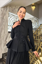 Embellished Peplum Jacket & Pleated Skirt Two-Piece Set-Black