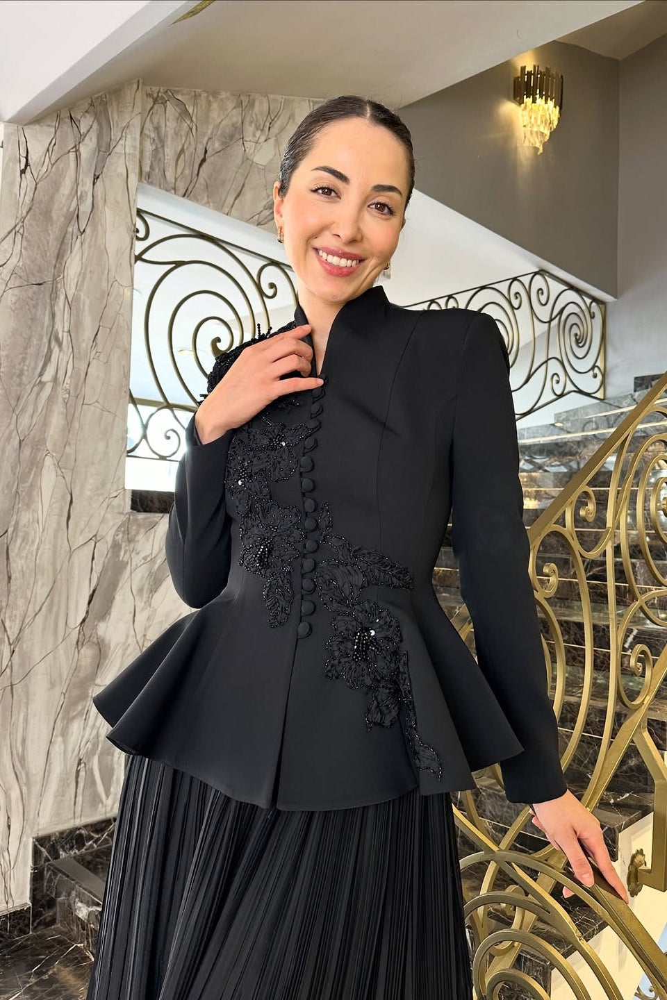 Embellished Peplum Jacket & Pleated Skirt Two-Piece Set-Black
