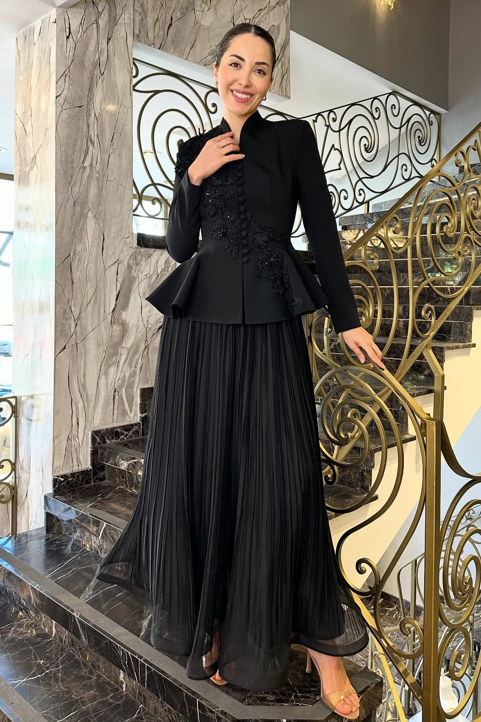 Embellished Peplum Jacket & Pleated Skirt Two-Piece Set-Black