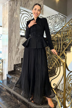 Embellished Peplum Jacket & Pleated Skirt Two-Piece Set-Black